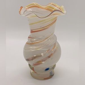 Murano Venetian Style Vase Multi-colored Swirl Ruffle Top